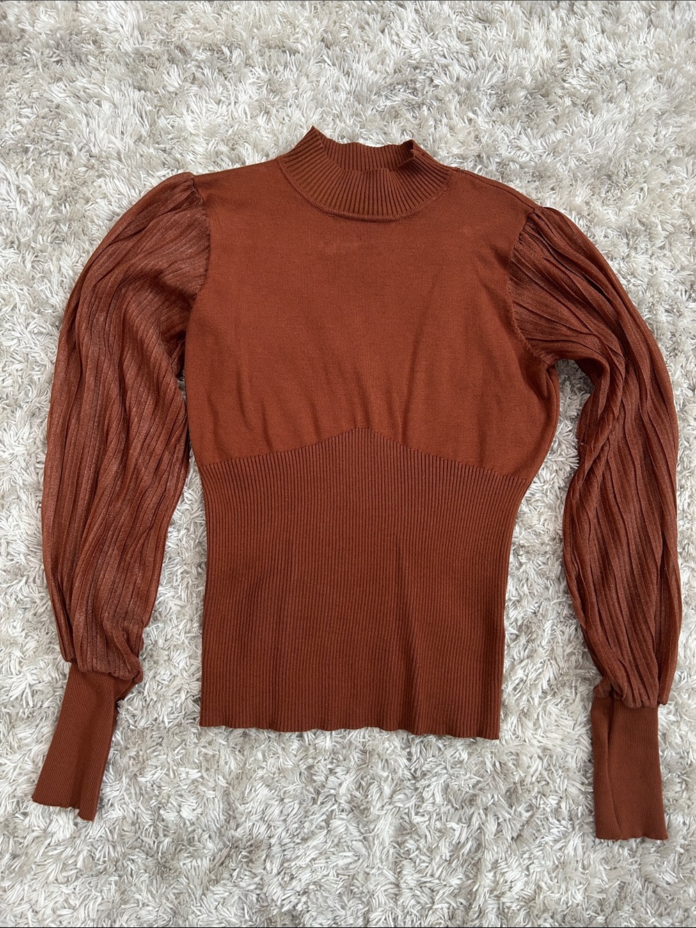Absolutely Famous Rust Brown Puff-Sleeve Mock Neck Sweater